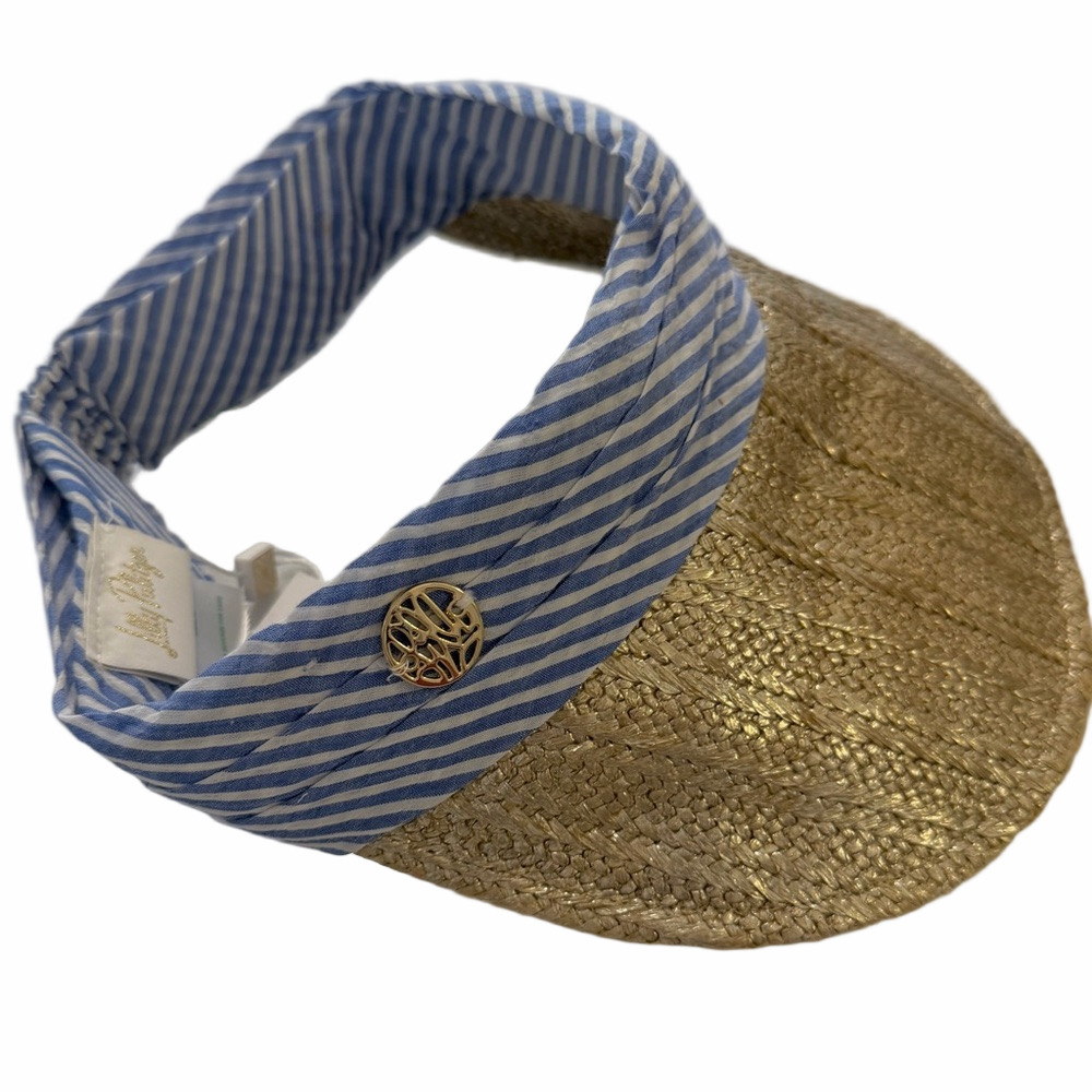 Lilly Pulitzer For Shore Visor Coastal Blue Gold Oxford Stripe Hat One Size NEW - Picture 5 of 14